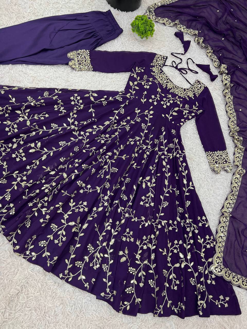 Purple Georgette Embroidery Sequence Work Fully Flair Anarkali Salwar Suit
