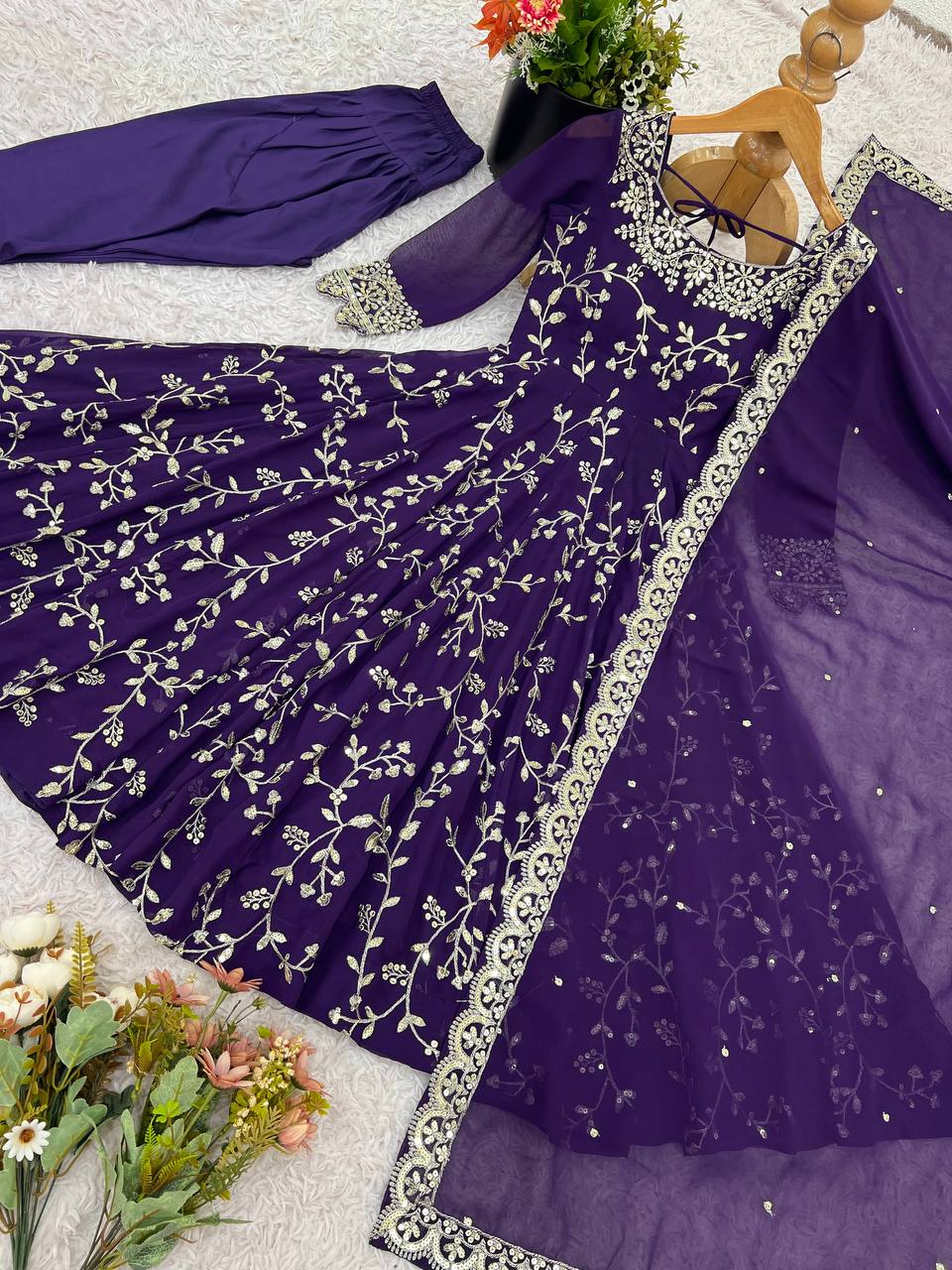 Purple Georgette Embroidery Sequence Work Fully Flair Anarkali Salwar Suit