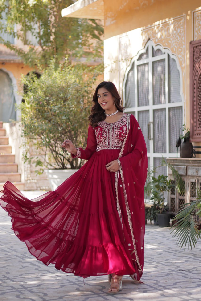 Pink Faux Blooming Georgette With Attractive Embroidered Pearl Work Gown