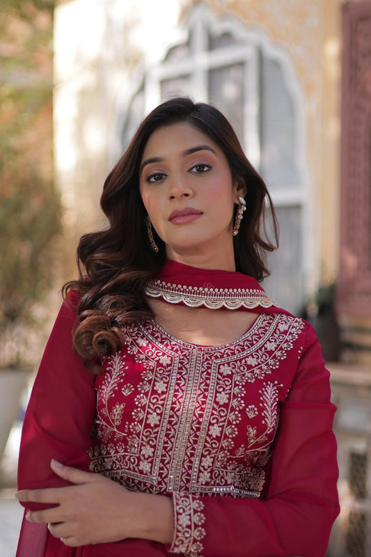 Pink Faux Blooming Georgette With Attractive Embroidered Pearl Work Gown