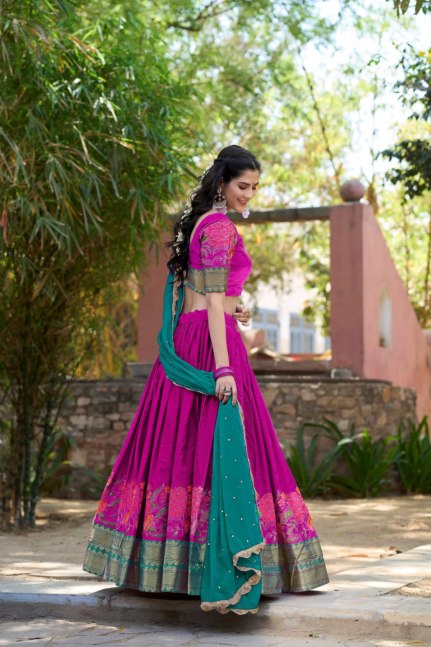 Pink Cotton Silk Thread Embroidery Work Lehenga Choli