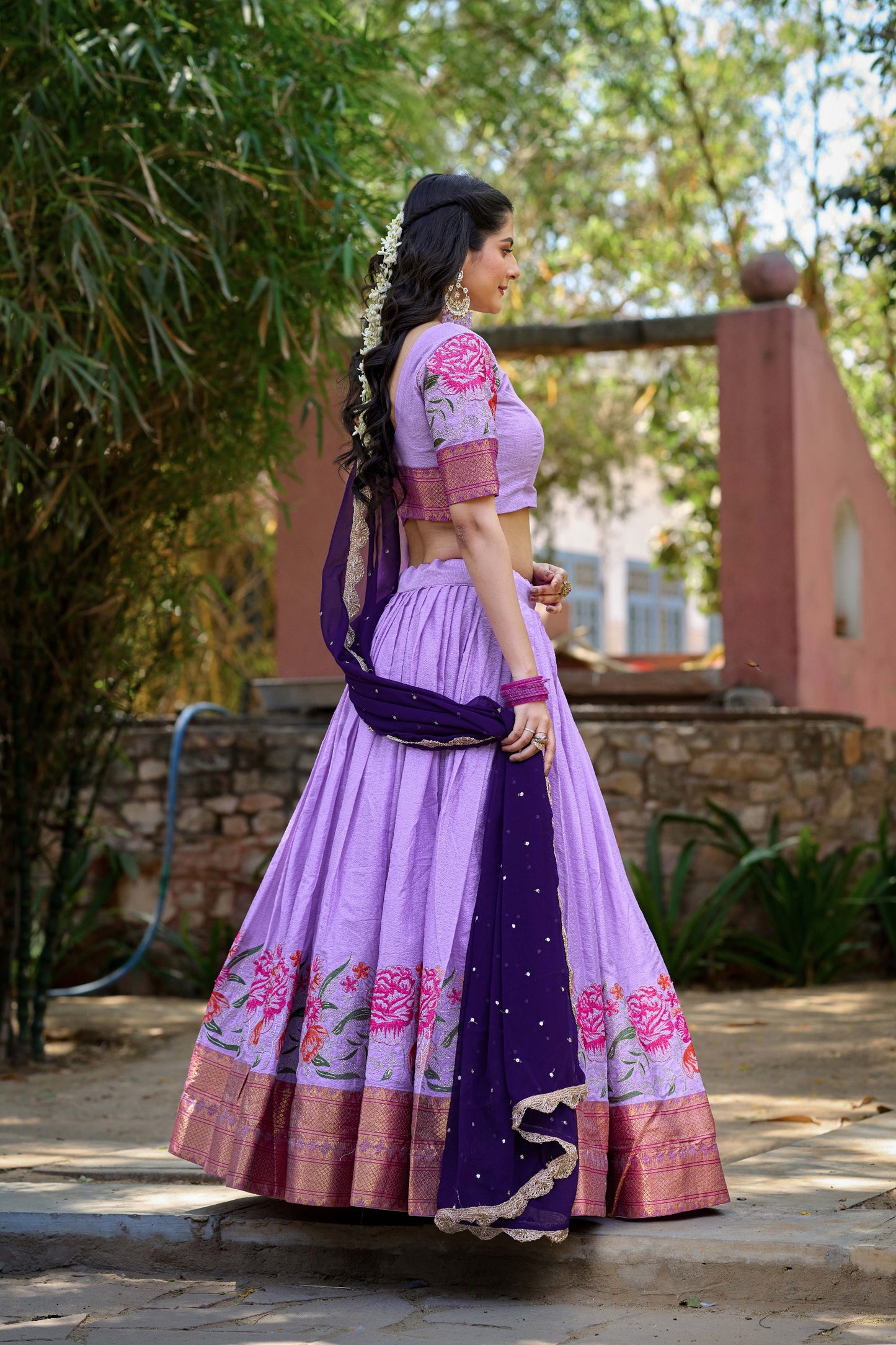 Lavender Cotton Silk Thread Embroidery Work Lehenga Choli