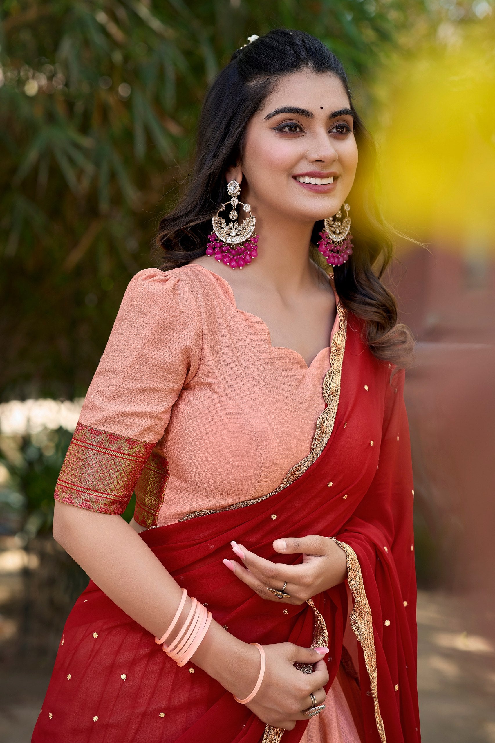 Peach Cotton Silk Thread Embroidery Work Lehenga Choli