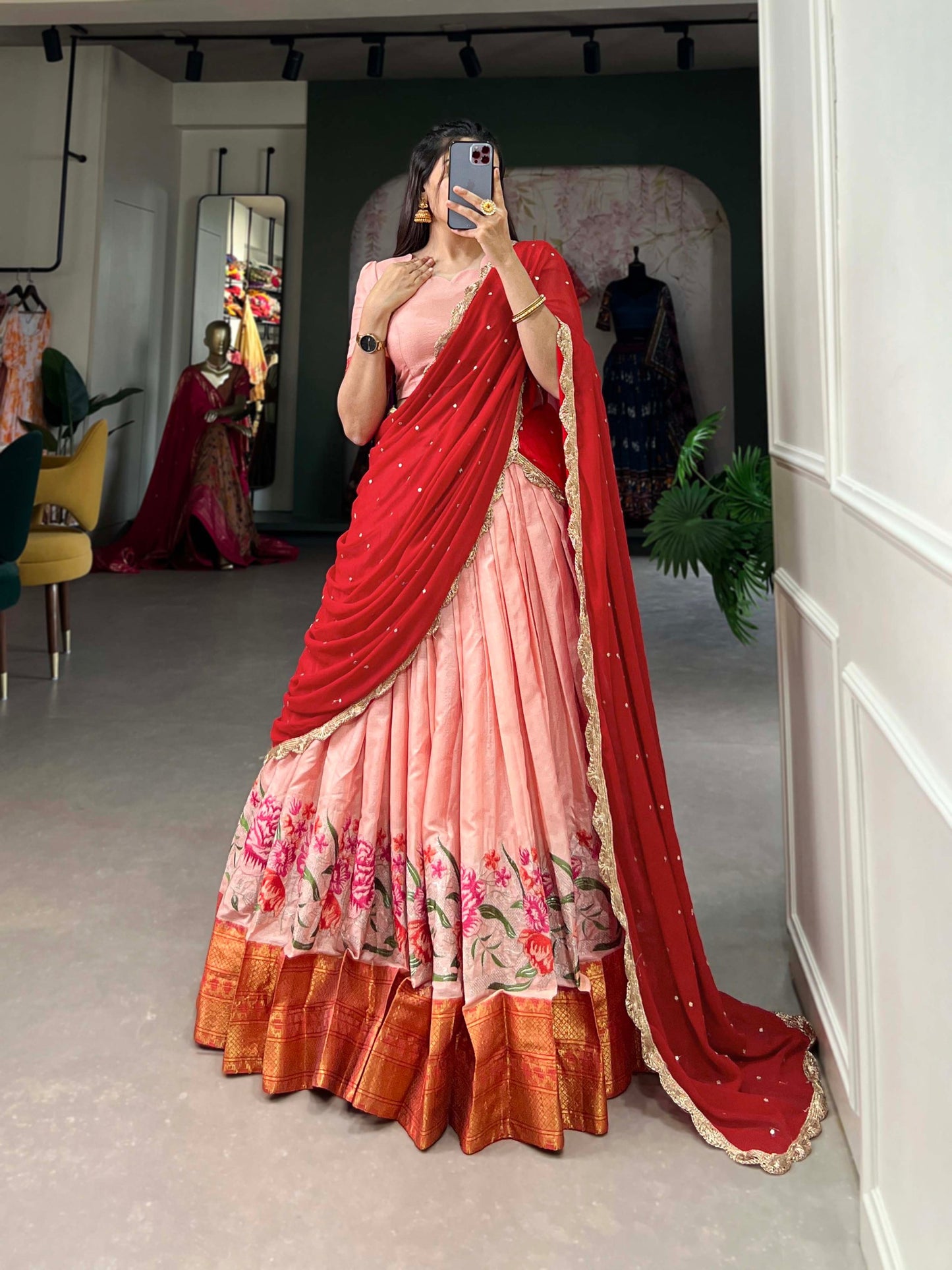 Peach Cotton Silk Thread Embroidery Work Lehenga Choli