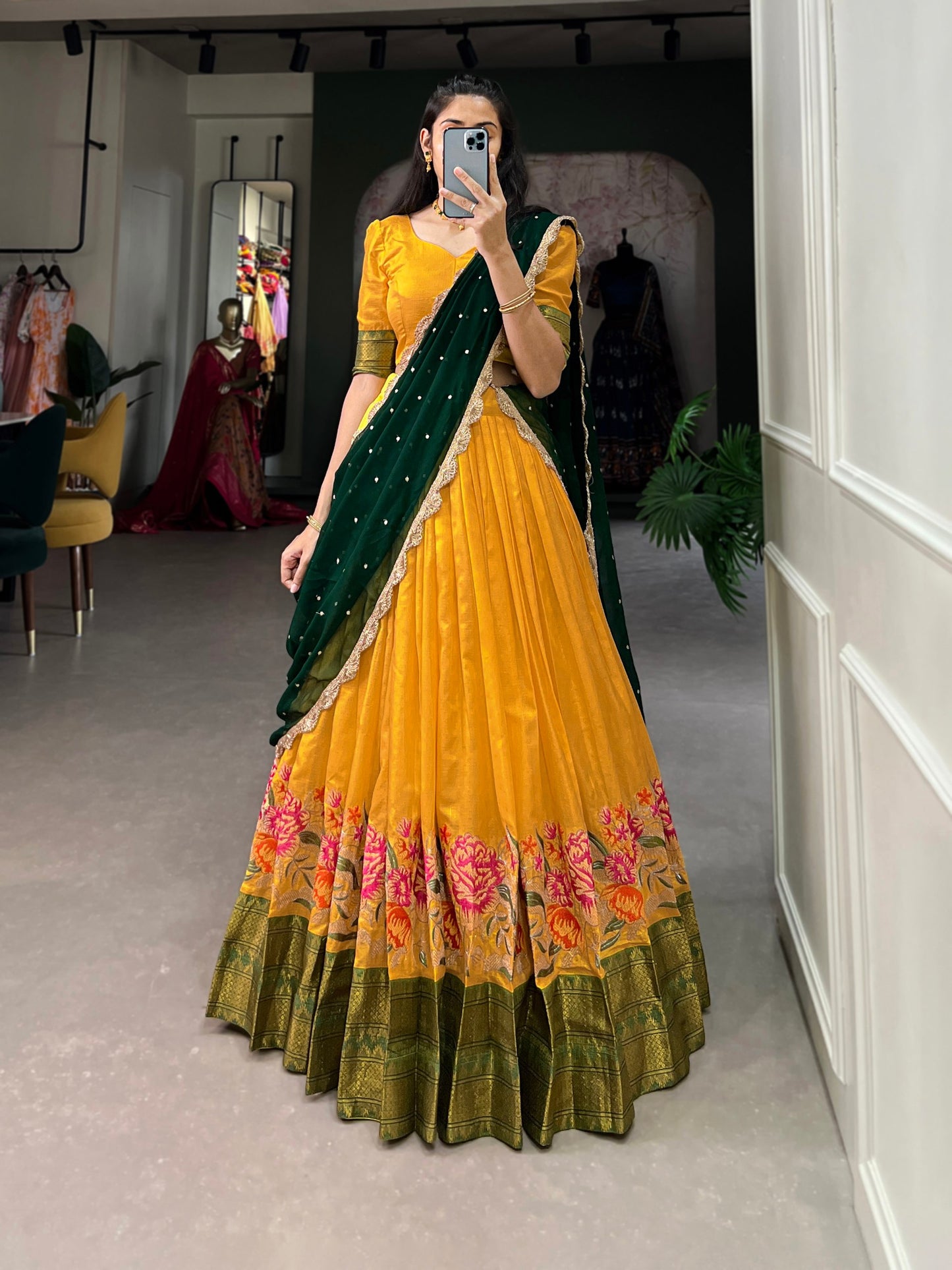 Yellow Cotton Silk Thread Embroidery Work Lehenga Choli
