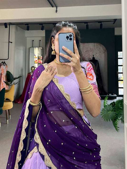 Lavender Cotton Silk Thread Embroidery Work Lehenga Choli