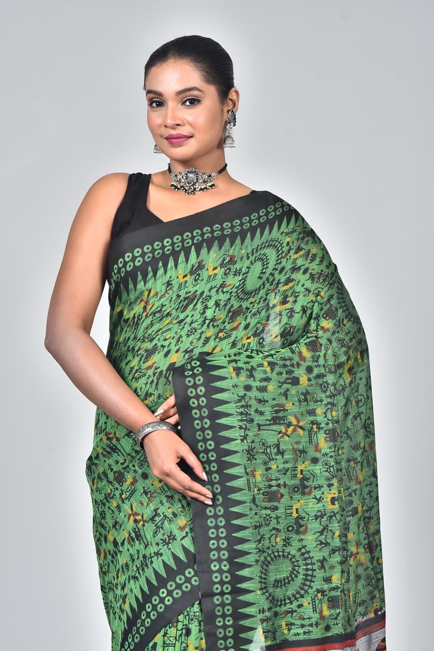 Green Premium Lilan Cotton With Fine Digital Print Saree
