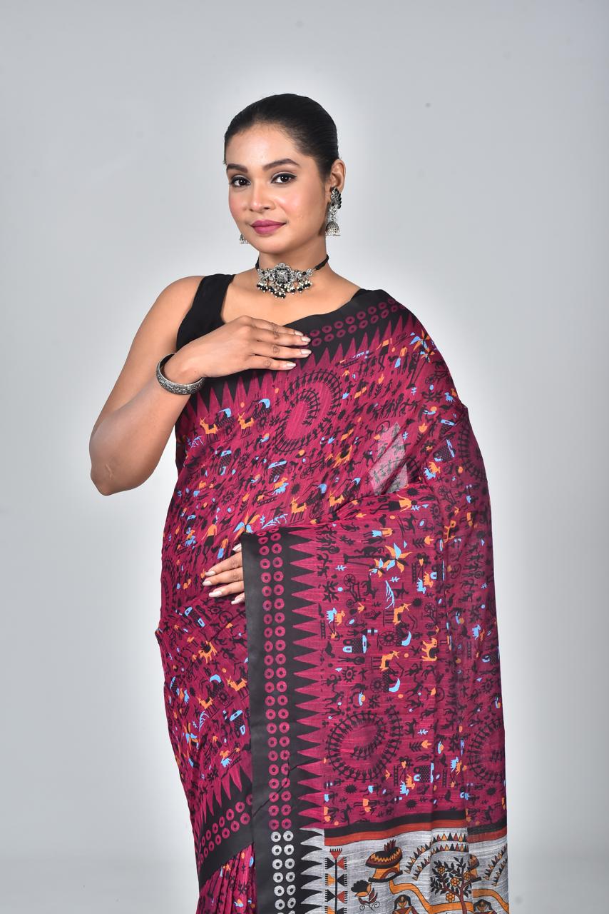 Pink Premium Lilan Cotton With Fine Digital Print Saree