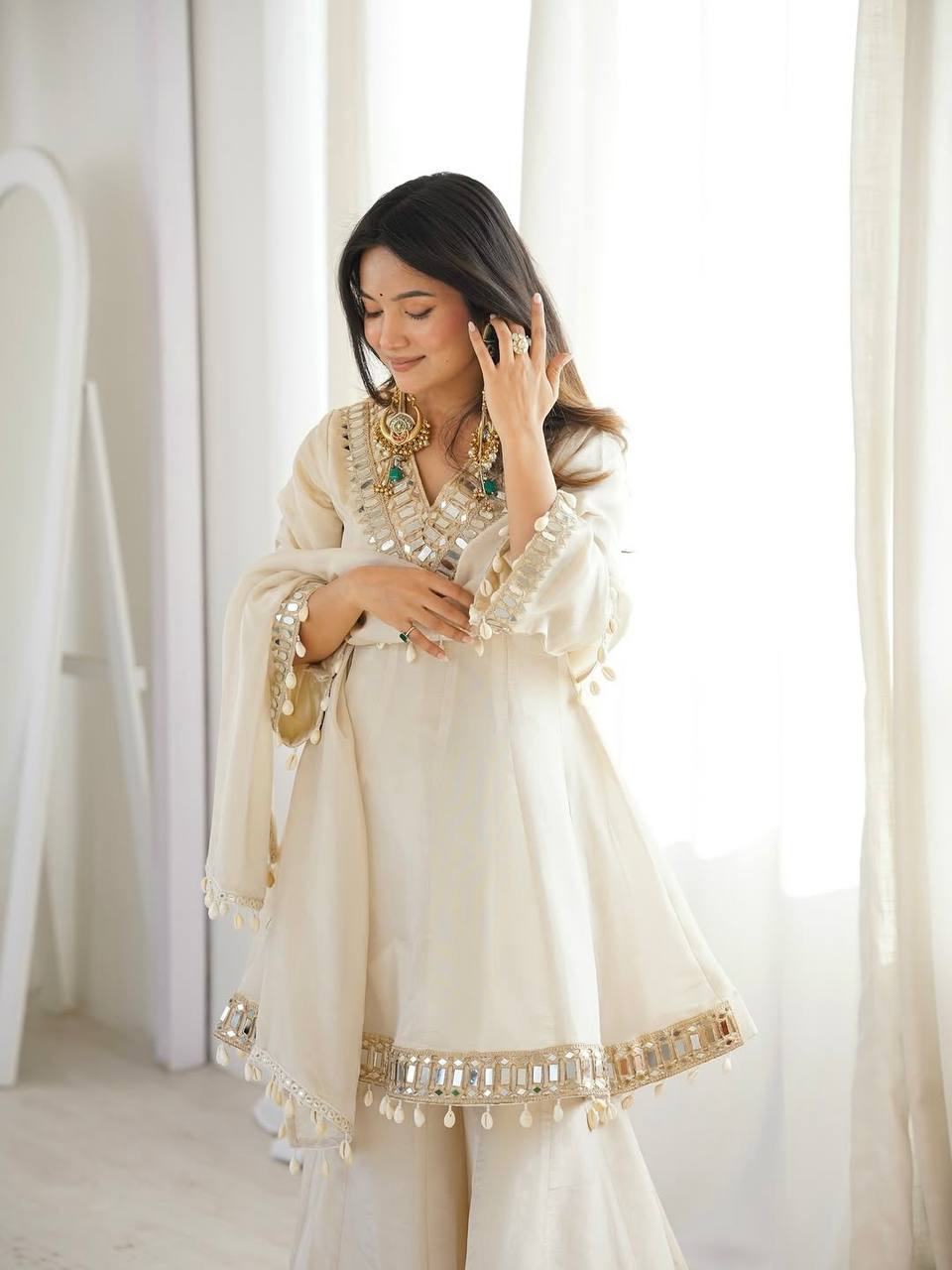 Off White Organza Silk Sharara Set with Real Mirror Work & Designer Lace Border