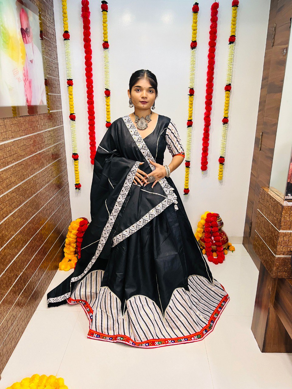 Black Pure Cotton Silk Printed With Gotta Patti and Gamthi Lace Work Navratri Lehenga Choli