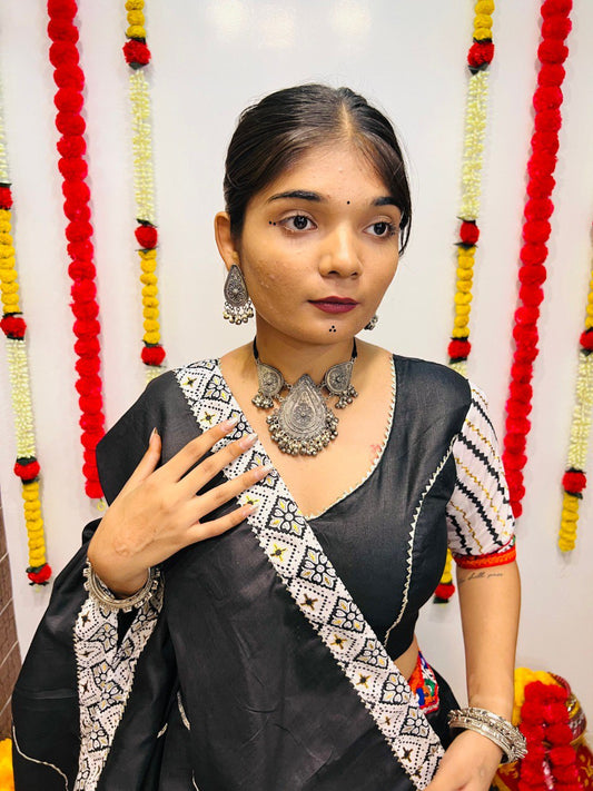 Black Pure Cotton Silk Printed With Gotta Patti and Gamthi Lace Work Navratri Lehenga Choli