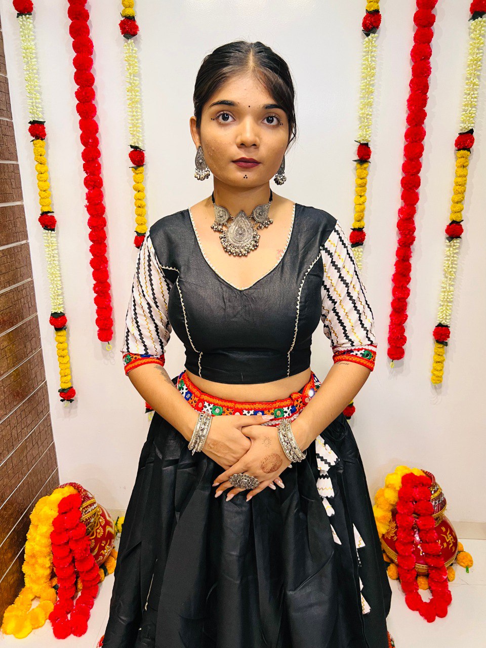 Black Pure Cotton Silk Printed With Gotta Patti and Gamthi Lace Work Navratri Lehenga Choli