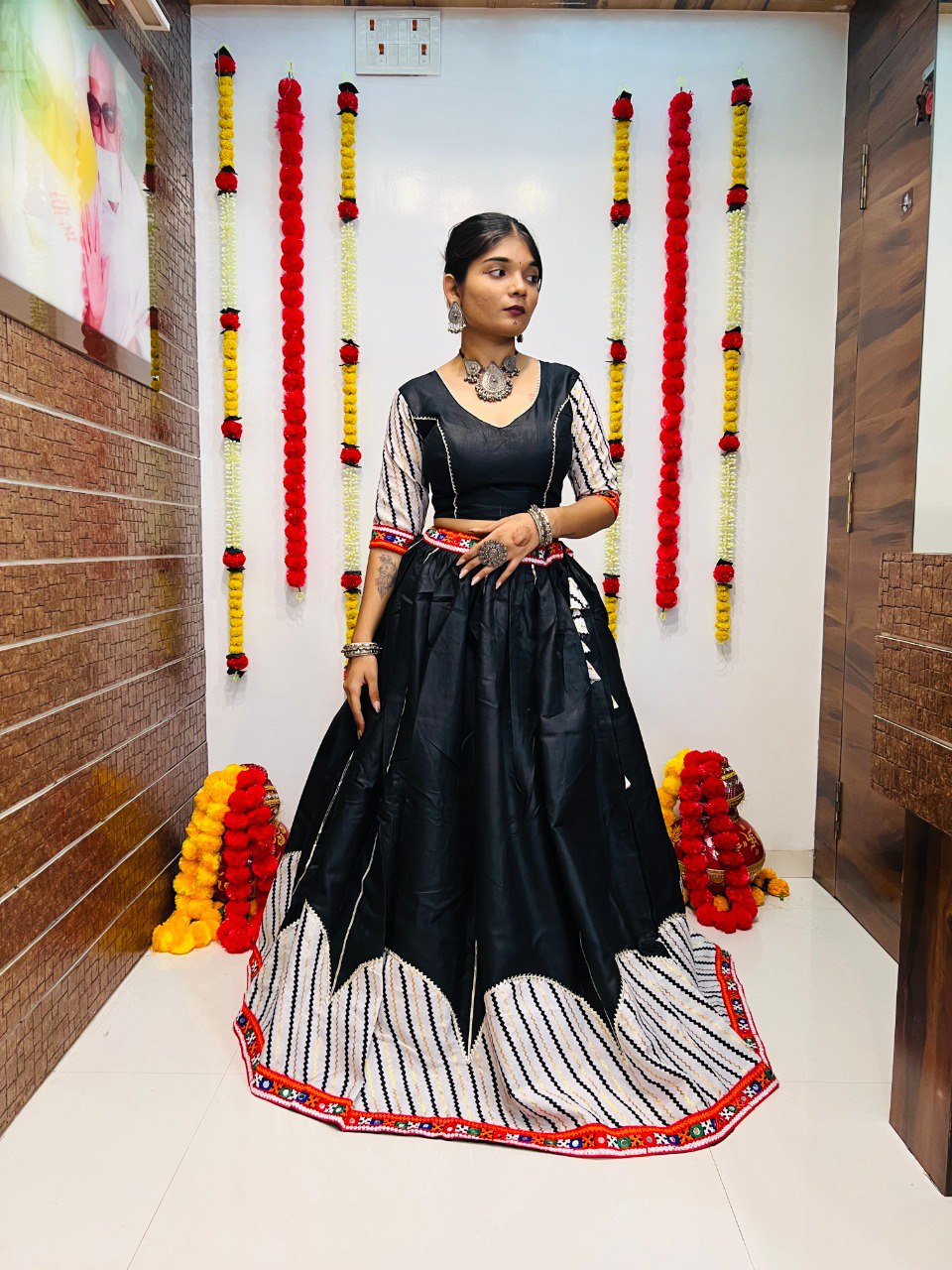 Black Pure Cotton Silk Printed With Gotta Patti and Gamthi Lace Work Navratri Lehenga Choli