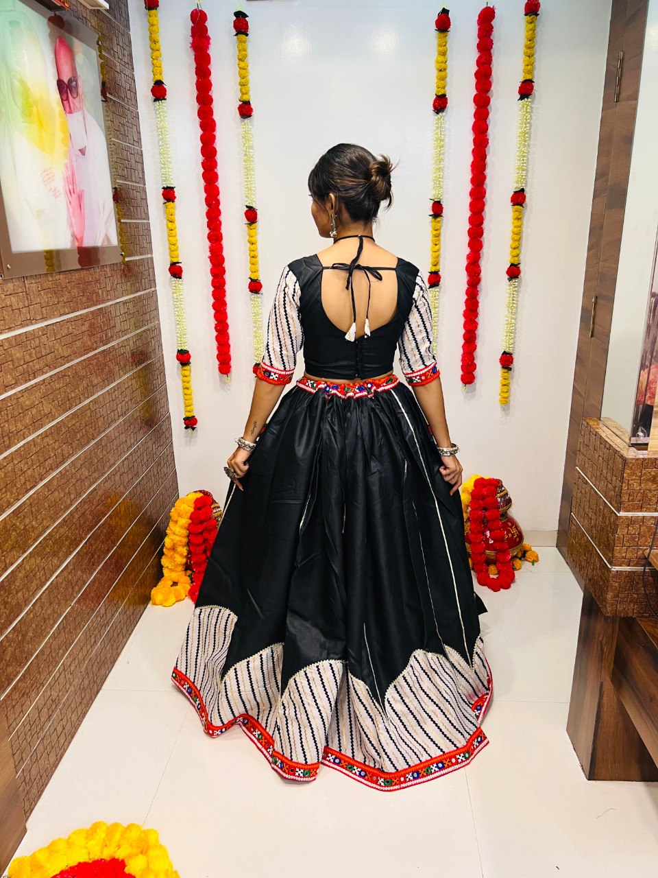 Black Pure Cotton Silk Printed With Gotta Patti and Gamthi Lace Work Navratri Lehenga Choli