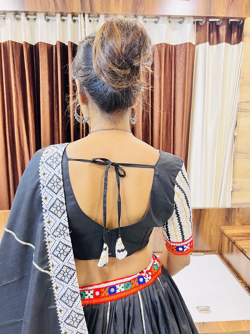 Black Pure Cotton Silk Printed With Gotta Patti and Gamthi Lace Work Navratri Lehenga Choli