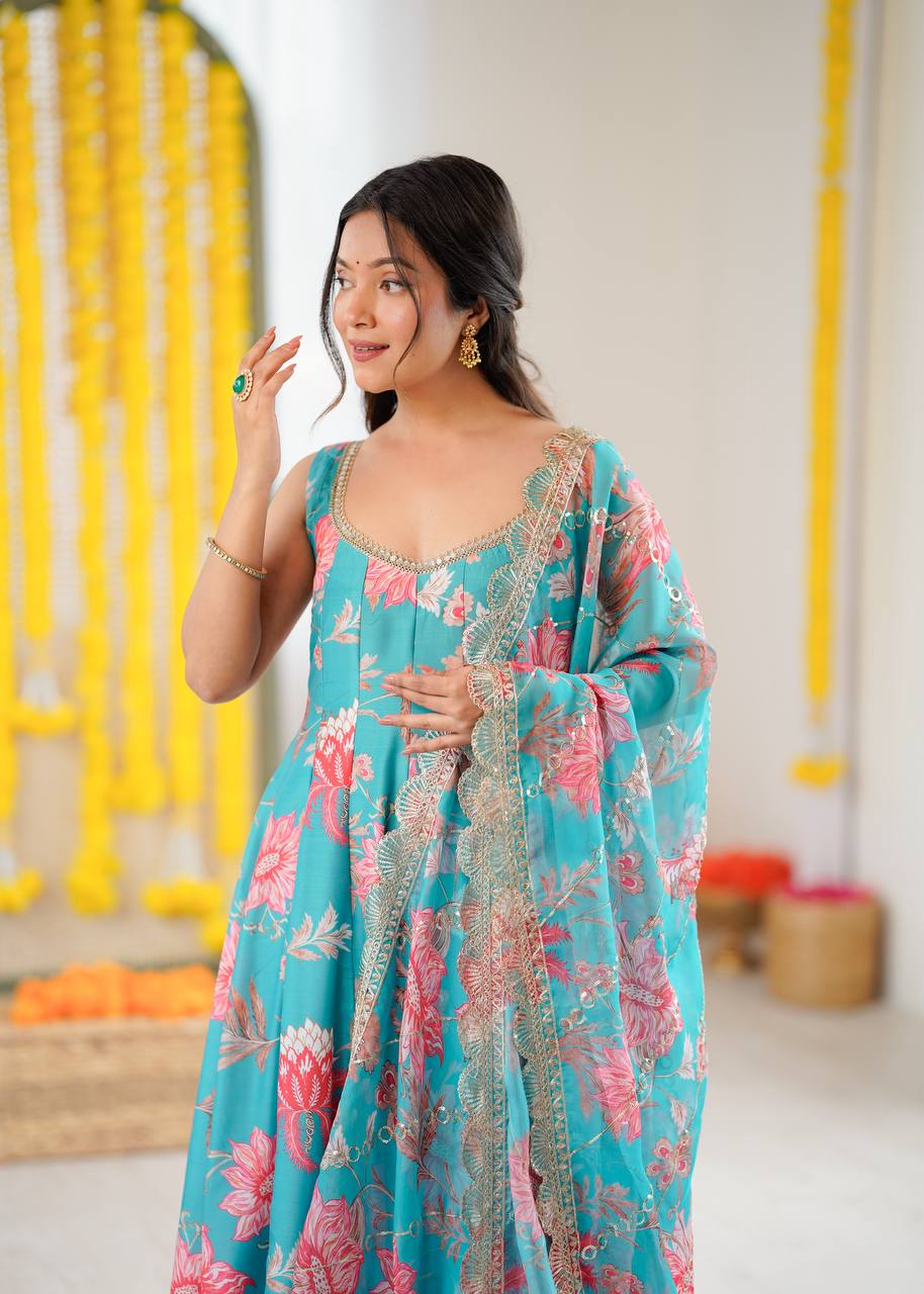 Firoza Blue Pure Muslin Floral Print Kali Cut Anarkali Suit with Scallop Dupatta & Pants