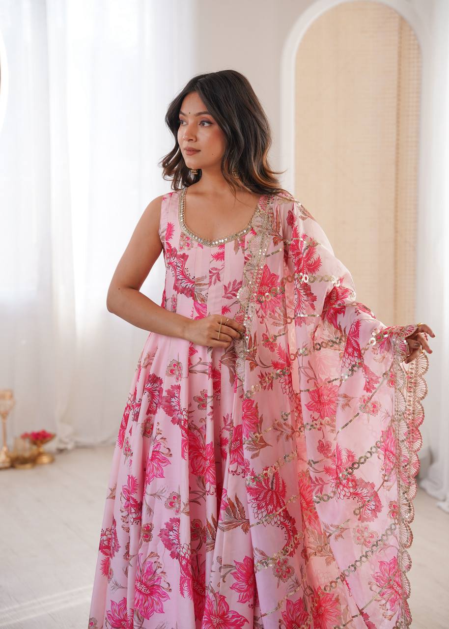 Baby Pink Pure Muslin Floral Print Kali Cut Anarkali Suit with Scallop Dupatta & Pants