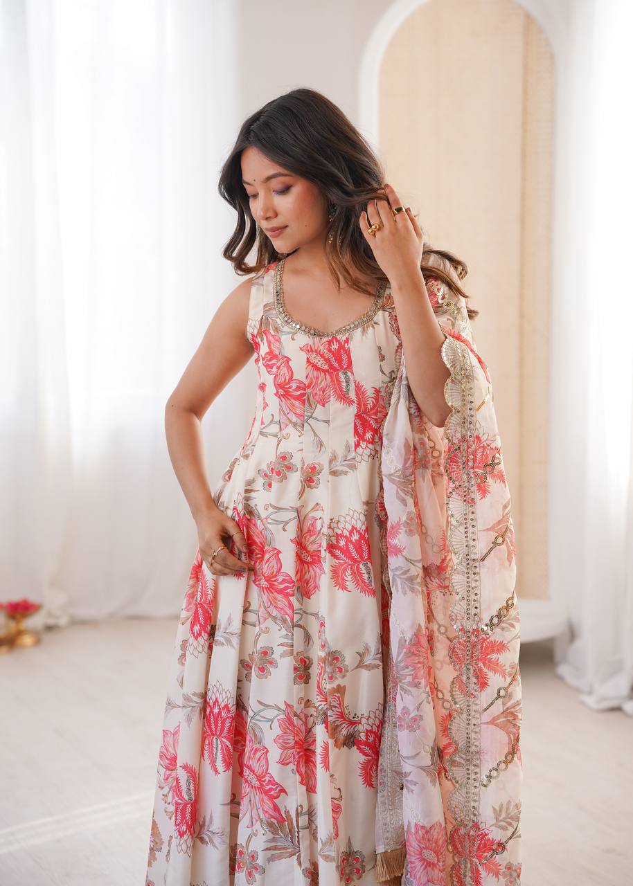 Off-White Pure Muslin Floral Print Kali Cut Anarkali Suit with Scallop Dupatta & Pants