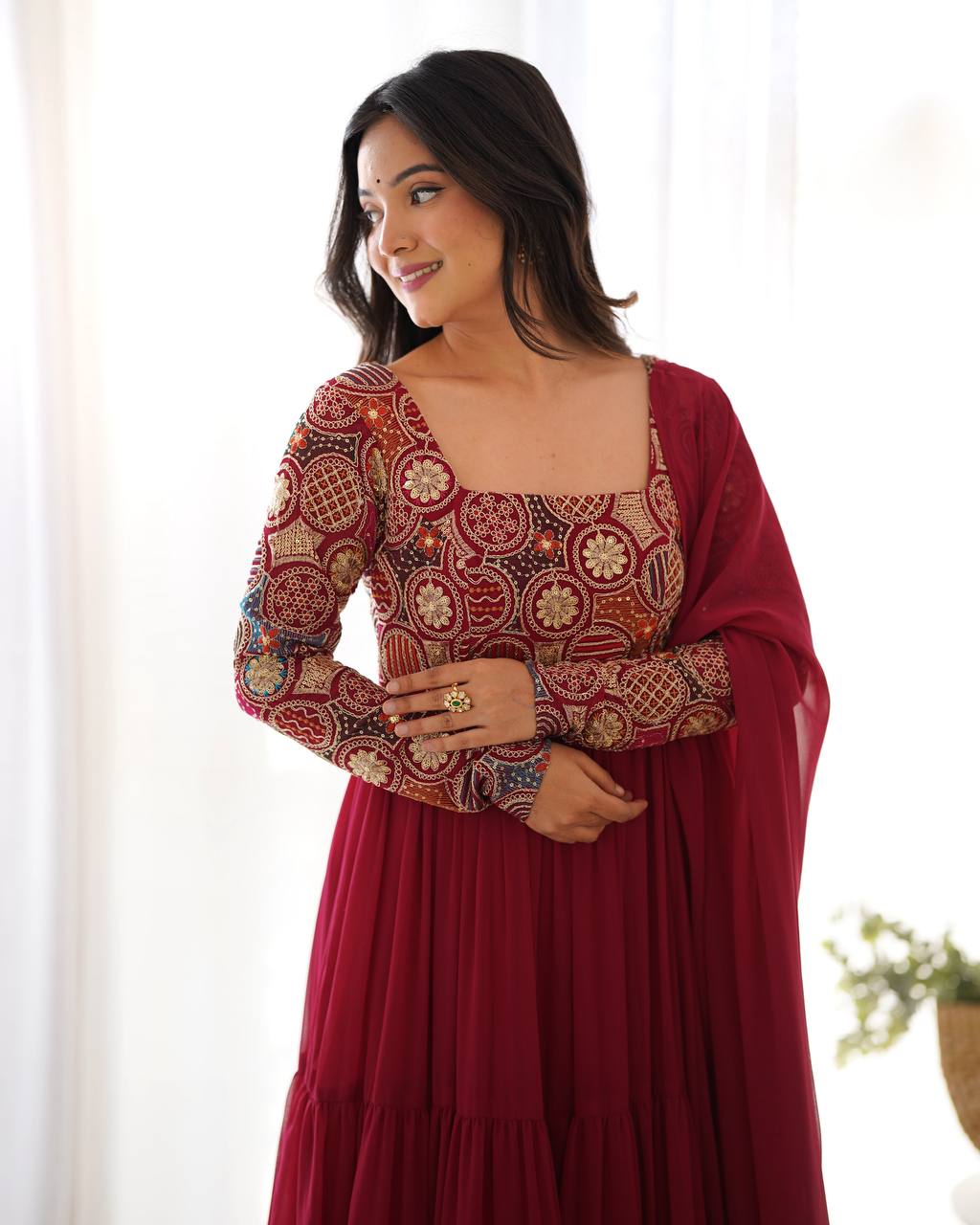 Rust Pink Pure Soft Fox Georgette Needle Thread Work Anarkali Gown