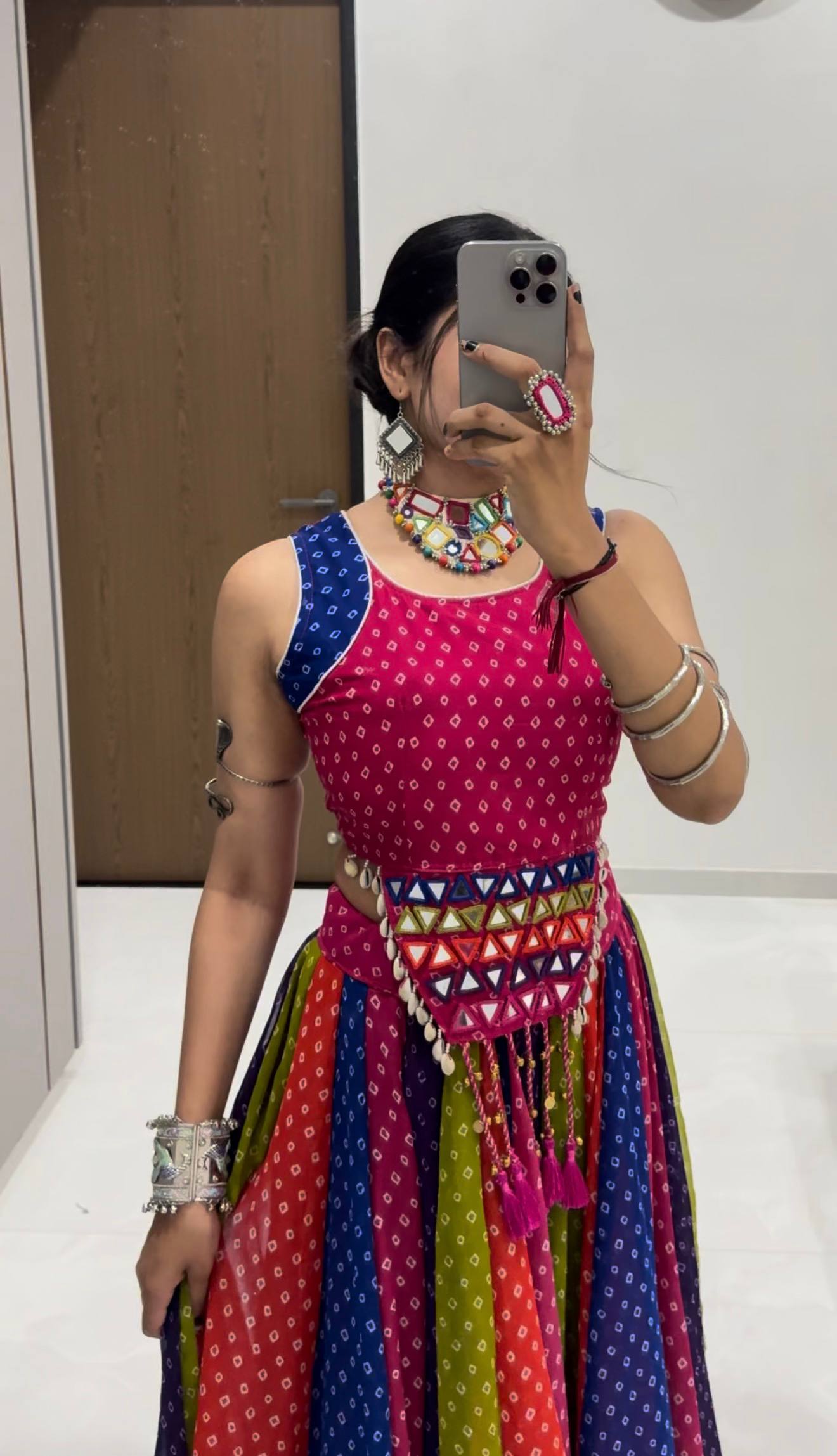 Multicolour Rainbow Bandhani Georgette Cotton Navratri Chaniya Choli with Mirror Kandora Belt | Ready to Wear