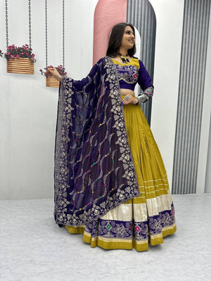 Mustard yellow and deep purple ready to wear pure cotton Navratri lehenga choli with embroidery thread and sequence