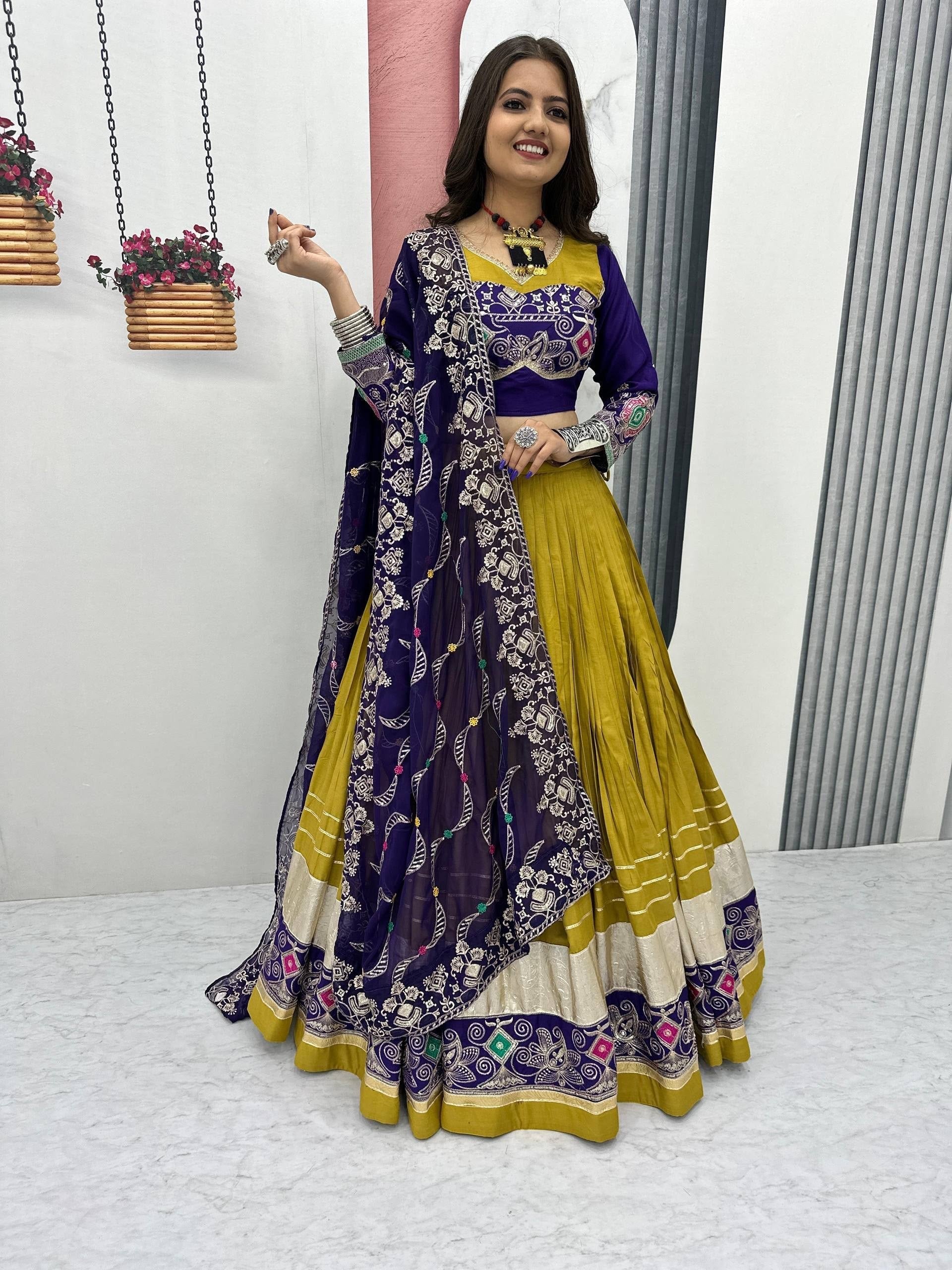 Mustard Yellow & Deep Purple Pure Cotton Embroidery Thread & Sequence Work Navratri Lehenga Choli Set | Ready to Wear