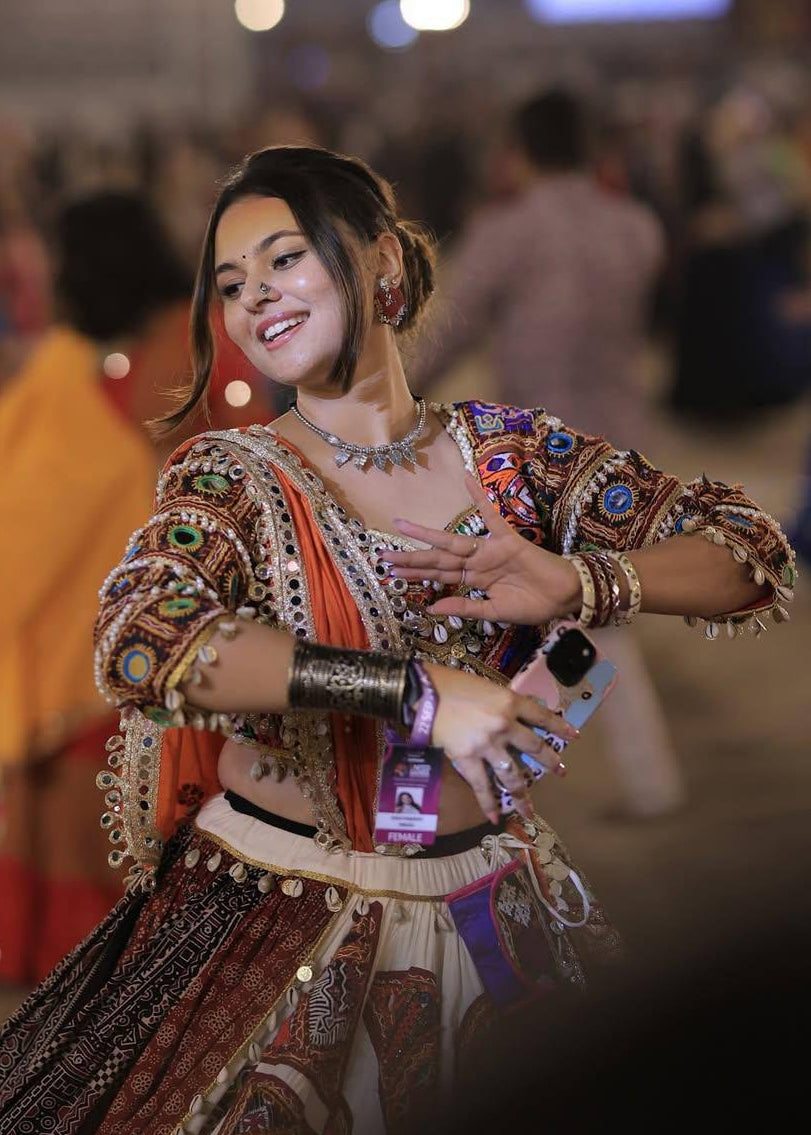 Muslin Cotton Navratri Lehenga Choli with Traditional Digital Print, Real Mirror Work & Shell Accents