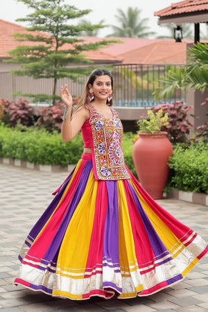 Multicolor pure cotton ready to wear Navratri lehenga choli with heavy Gamthi work and real mirror work