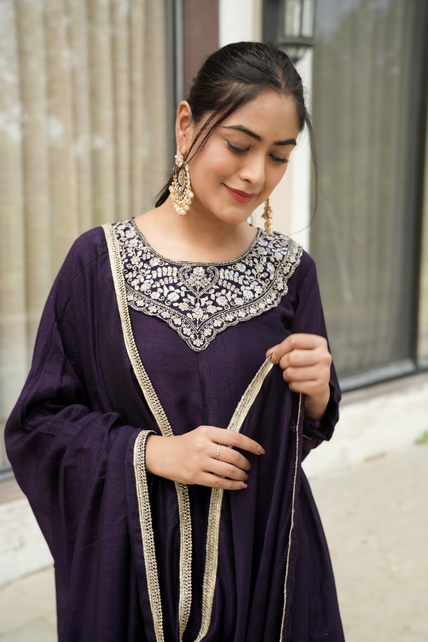 Jamun Purple Vichitra Silk Plazzo Set – Designer Embroidered Neck with Lace Work Sleeves