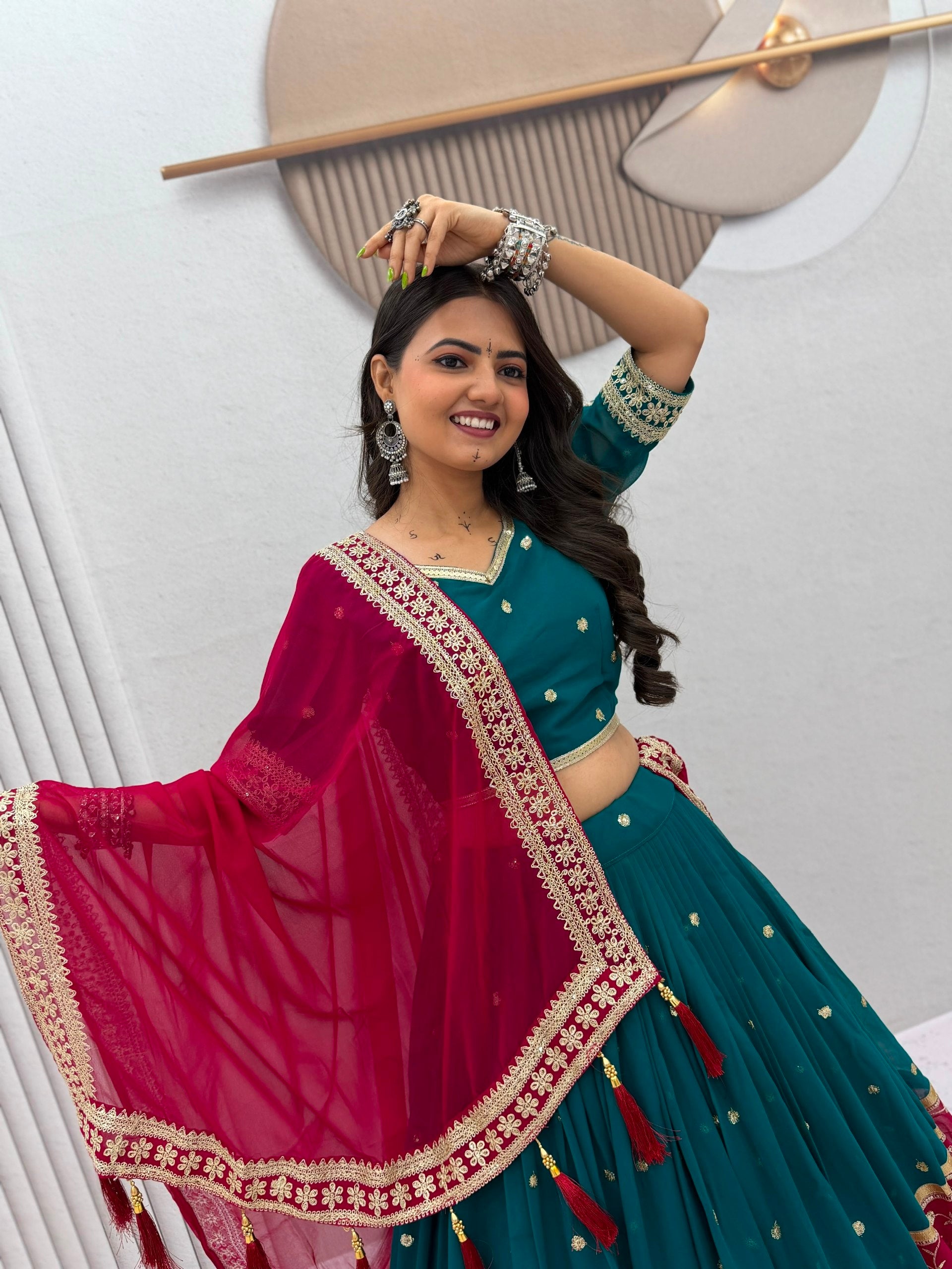 Teal Green & Maroon Faux Georgette Embroidery Thread & Sequence Work Navratri Lehenga Choli Set | Ready to Wear