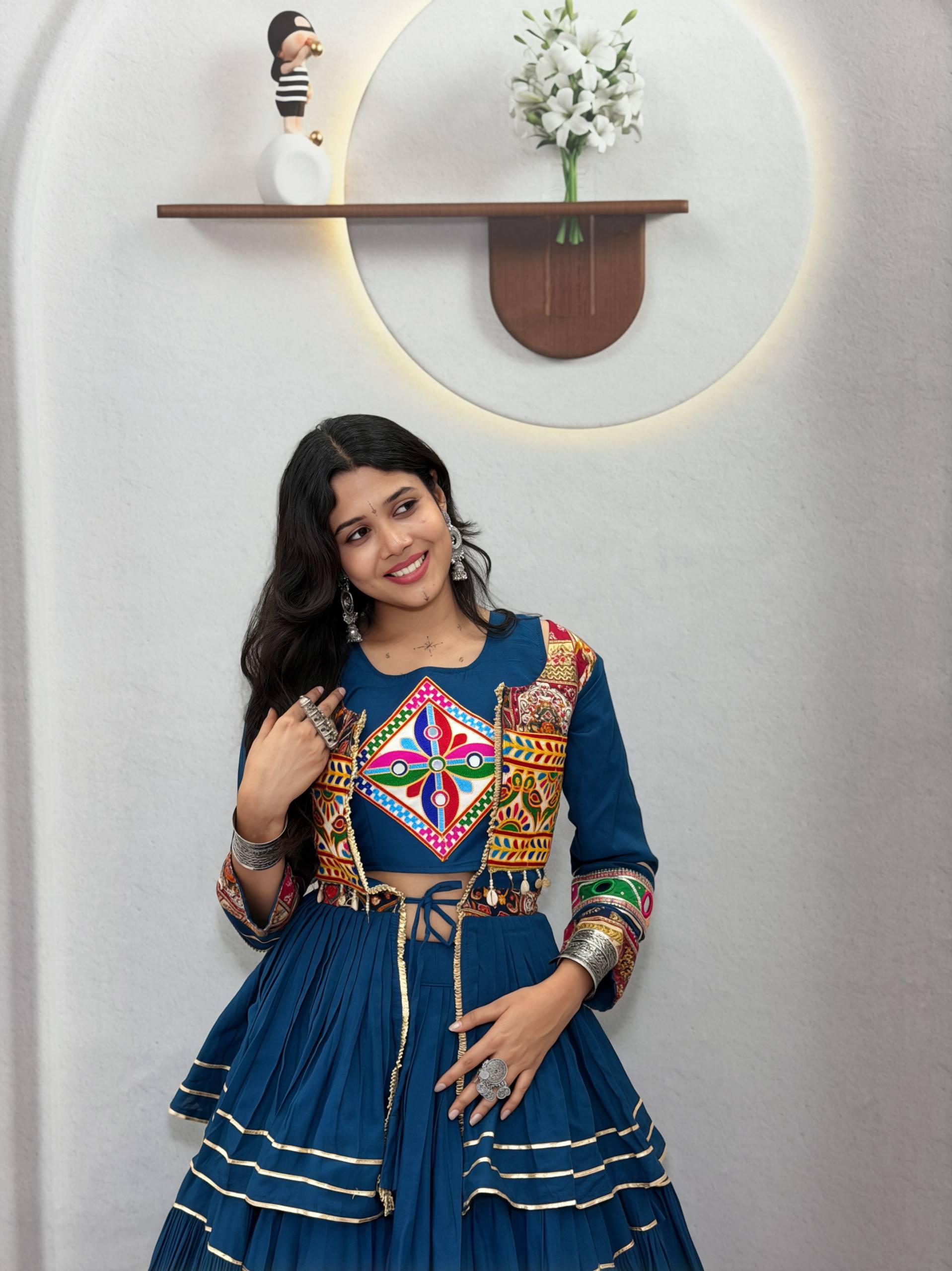 Peacock Blue Pure Cotton Heavy Gamthi Work, Mirror Lace & Sikka Lace Navratri Lehenga Choli Set with Koti Jacket | Ready to Wear