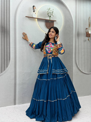 Peacock blue pure cotton ready to wear Navratri lehenga choli with heavy Gamthi work, mirror lace, and Sikka coin lace Koti jacket