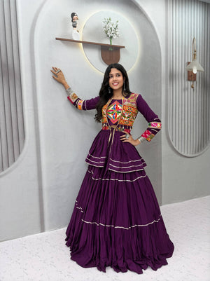 Deep purple pure cotton ready to wear Navratri lehenga choli with heavy Gamthi work, mirror lace, and Sikka coin lace Koti jacket