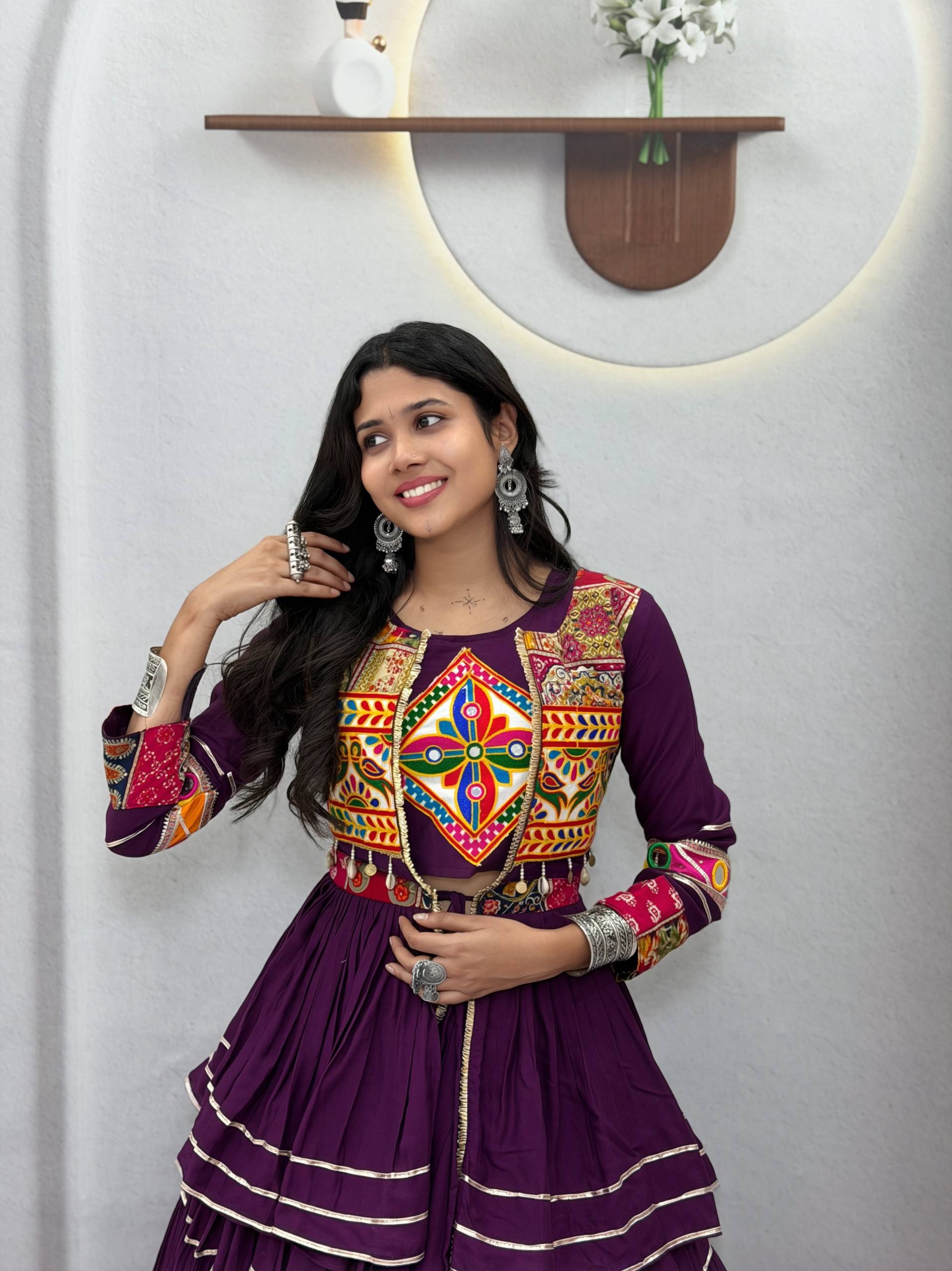 Deep Purple Pure Cotton Heavy Gamthi Work, Mirror Lace & Sikka Lace Navratri Lehenga Choli Set with Koti Jacket | Ready to Wear