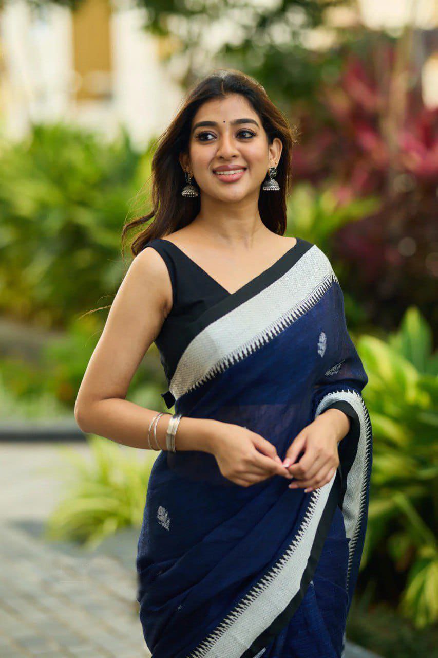 Navy Blue Lilan Cotton With Digital Print Elegant Saree