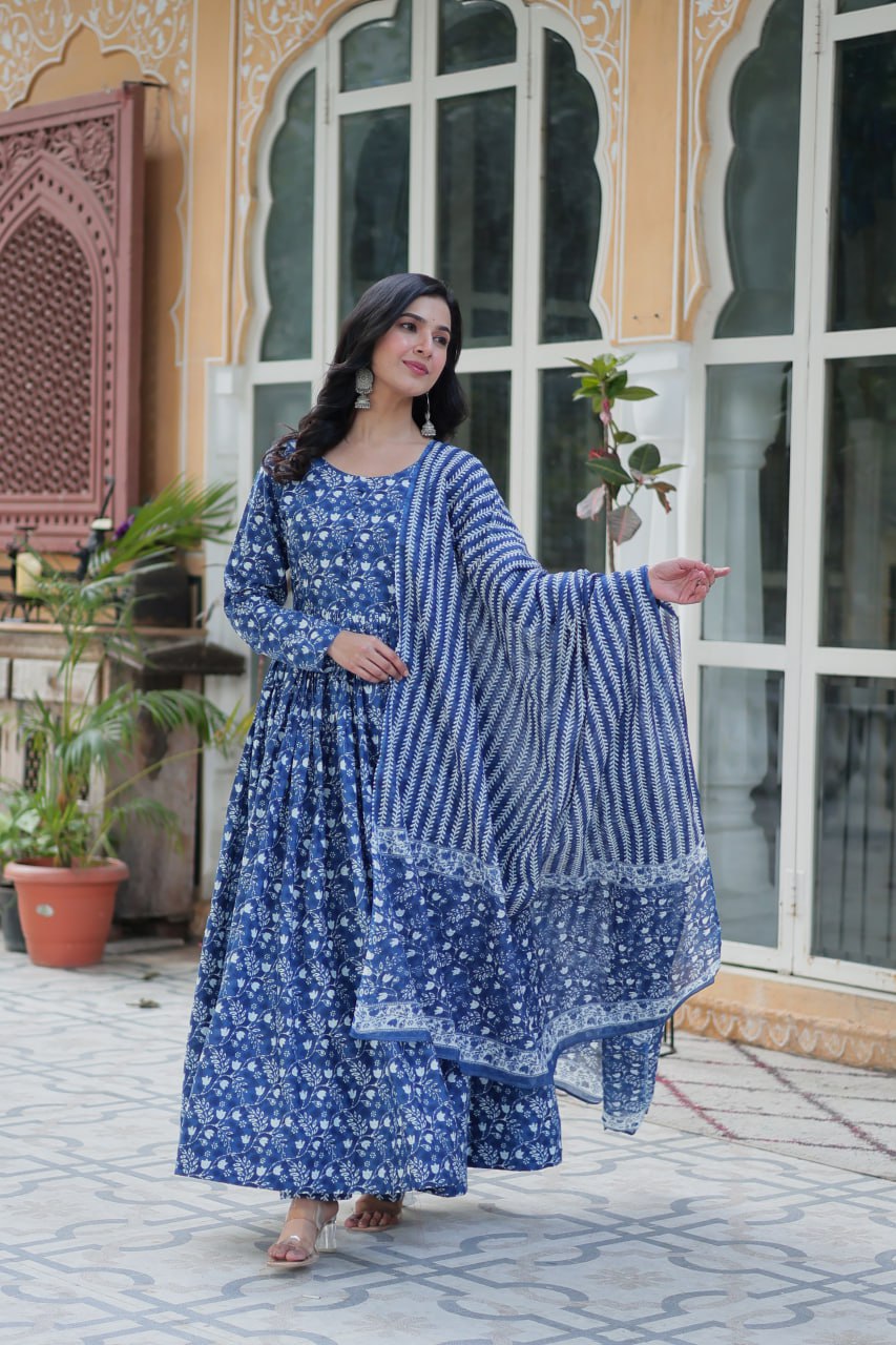 Blue Pure Cotton Readymade Kurti With Pant Dupatta Set