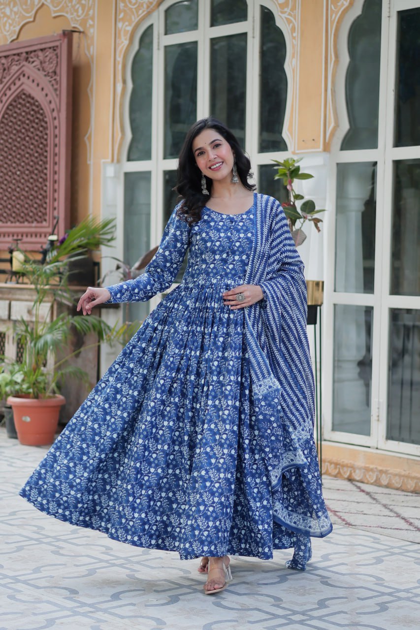 Blue Pure Cotton Readymade Kurti With Pant Dupatta Set