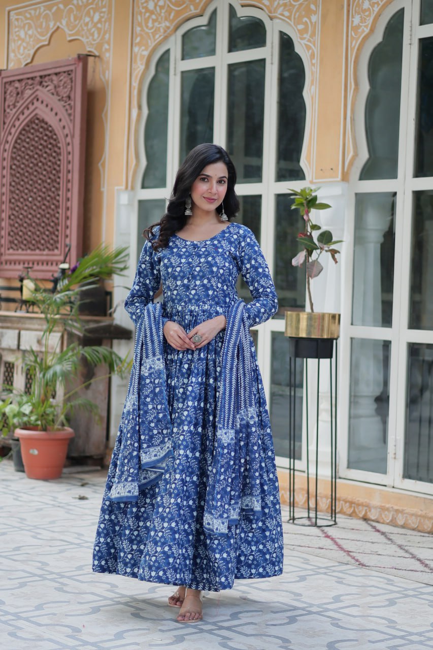 Blue Pure Cotton Readymade Kurti With Pant Dupatta Set