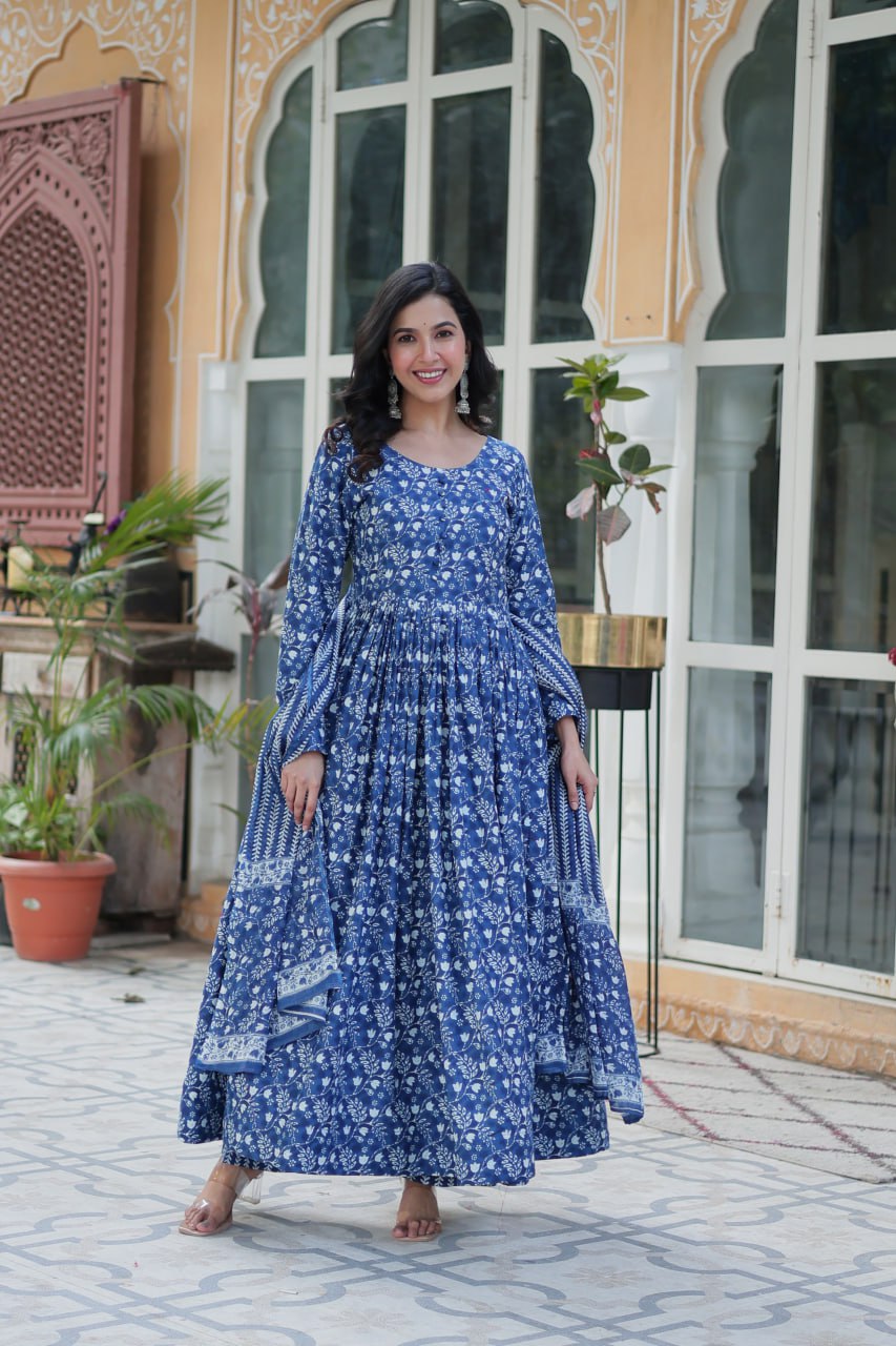 Blue Pure Cotton Readymade Kurti With Pant Dupatta Set