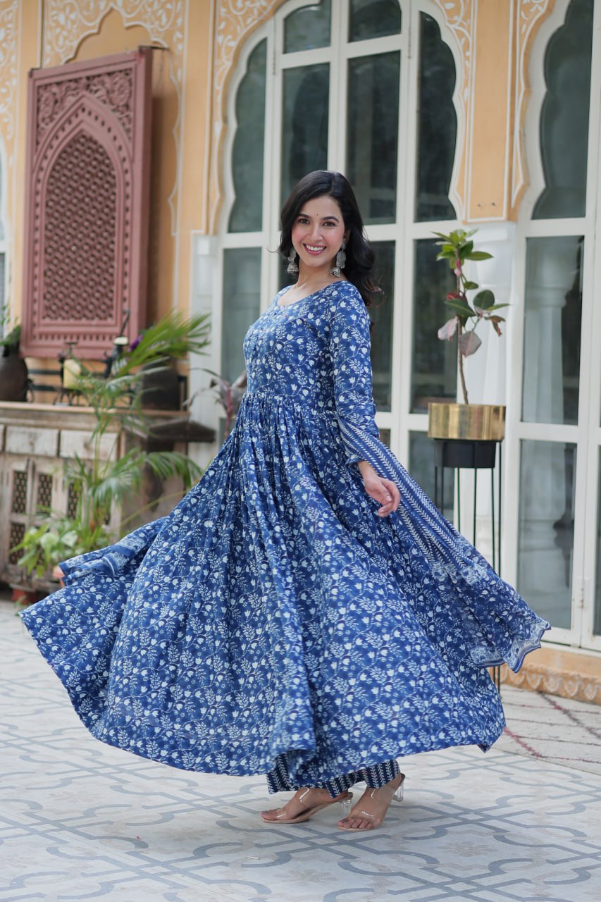 Blue Pure Cotton Readymade Kurti With Pant Dupatta Set