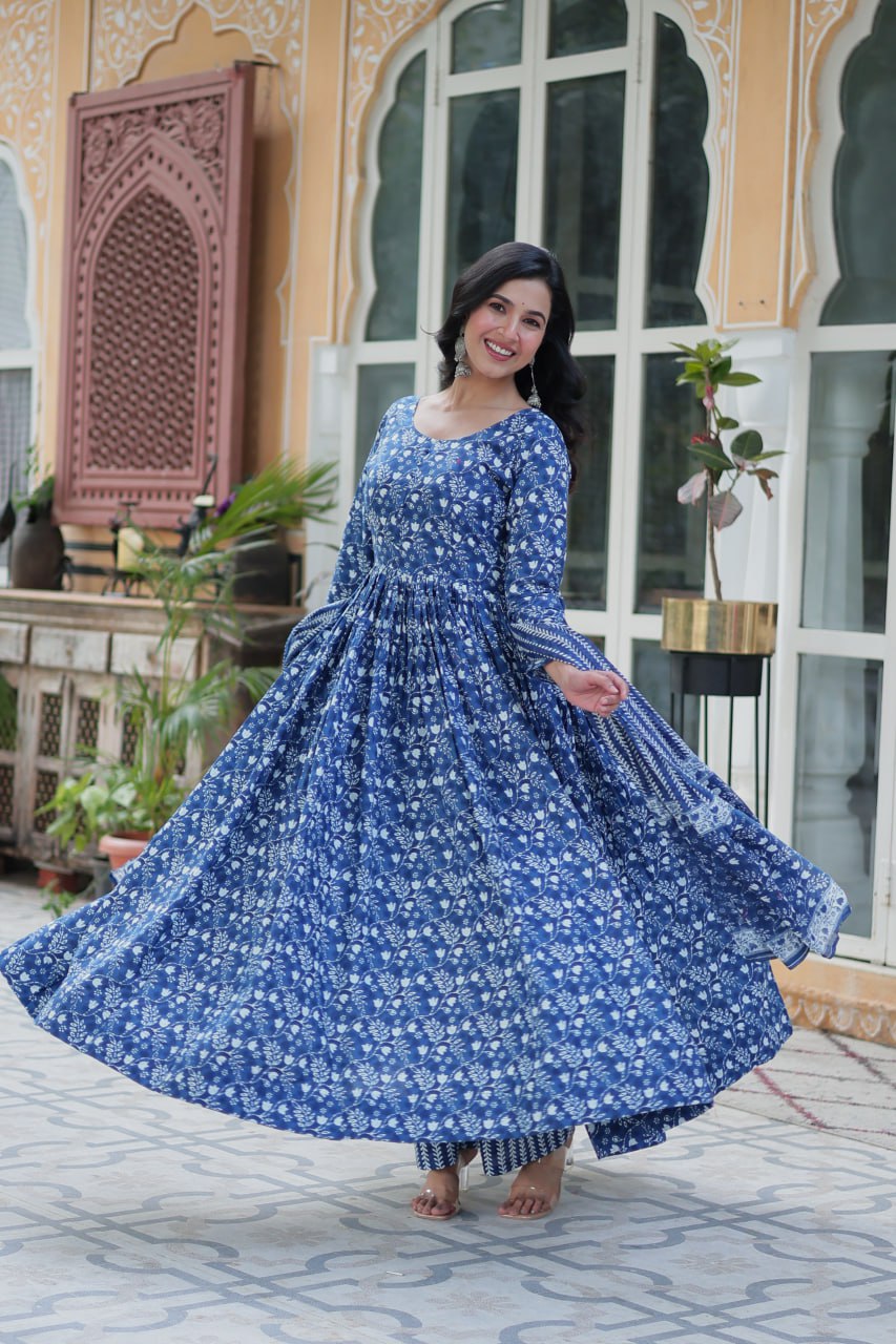 Blue Pure Cotton Readymade Kurti With Pant Dupatta Set