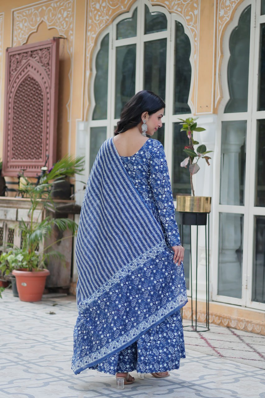 Blue Pure Cotton Readymade Kurti With Pant Dupatta Set