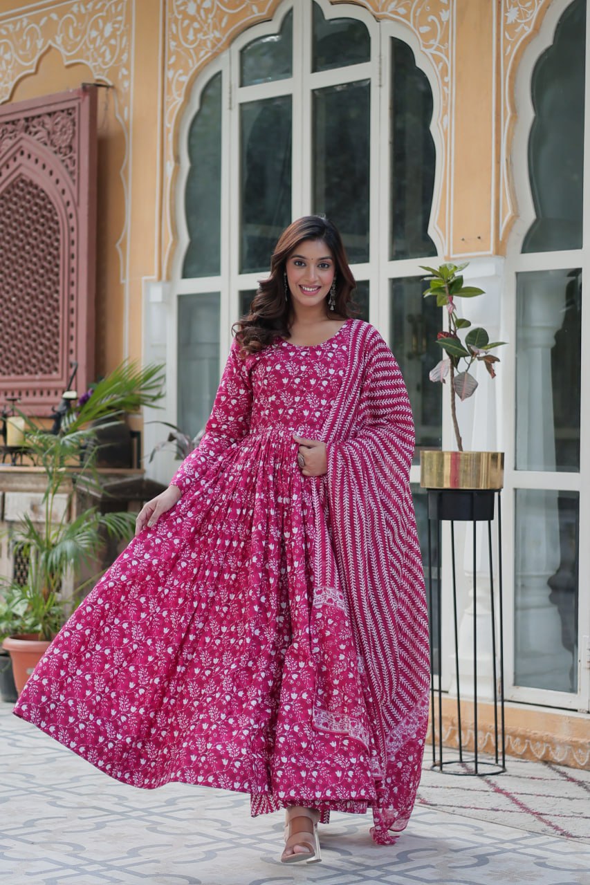 Pink Pure Cotton Readymade Kurti With Pant Dupatta Set