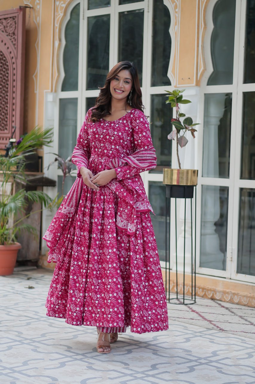 Pink Pure Cotton Readymade Kurti With Pant Dupatta Set