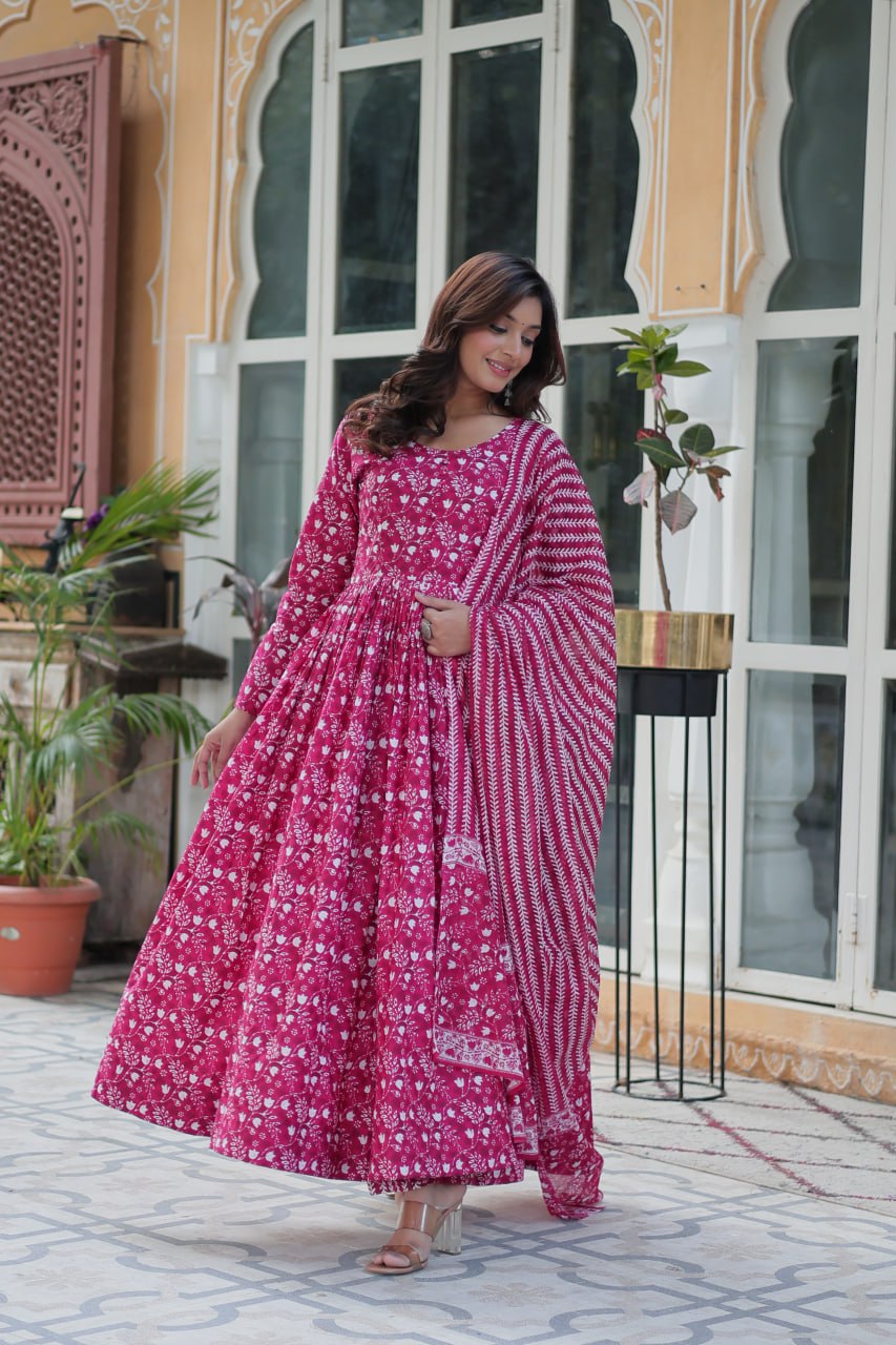 Pink Pure Cotton Readymade Kurti With Pant Dupatta Set