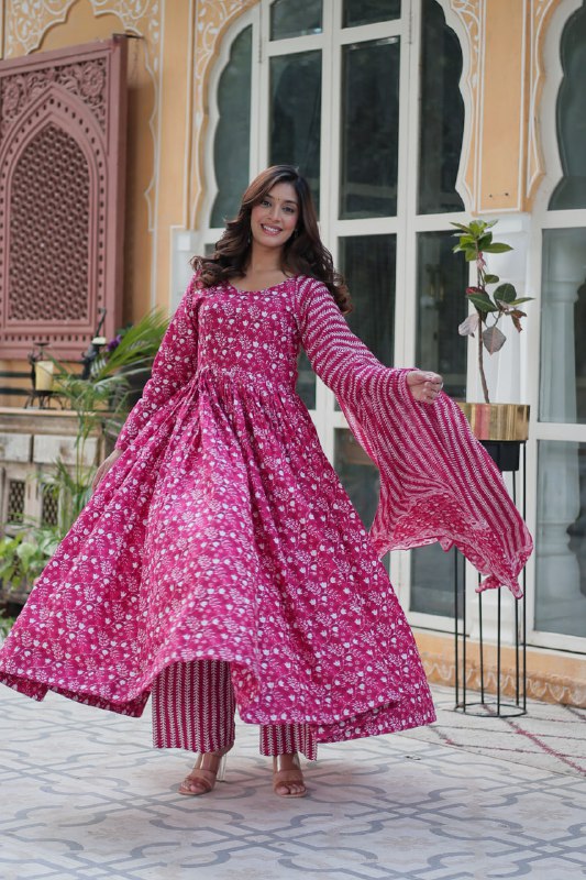 Pink Pure Cotton Readymade Kurti With Pant Dupatta Set
