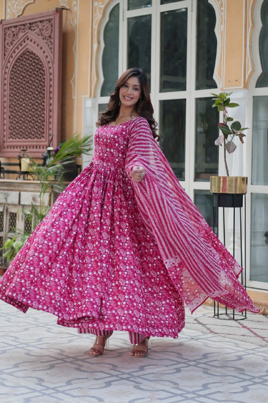 Pink Pure Cotton Readymade Kurti With Pant Dupatta Set