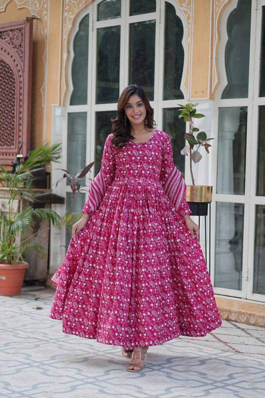 Pink Pure Cotton Readymade Kurti With Pant Dupatta Set