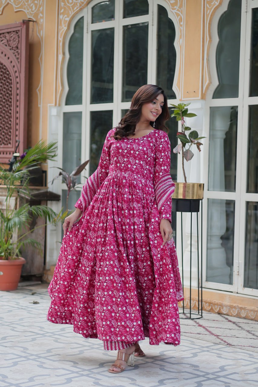 Pink Pure Cotton Readymade Kurti With Pant Dupatta Set