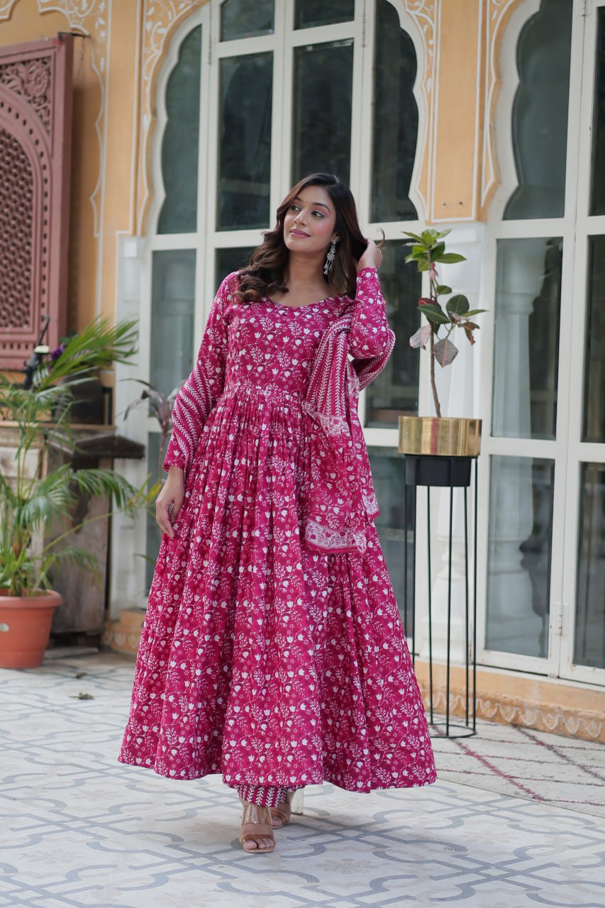 Pink Pure Cotton Readymade Kurti With Pant Dupatta Set